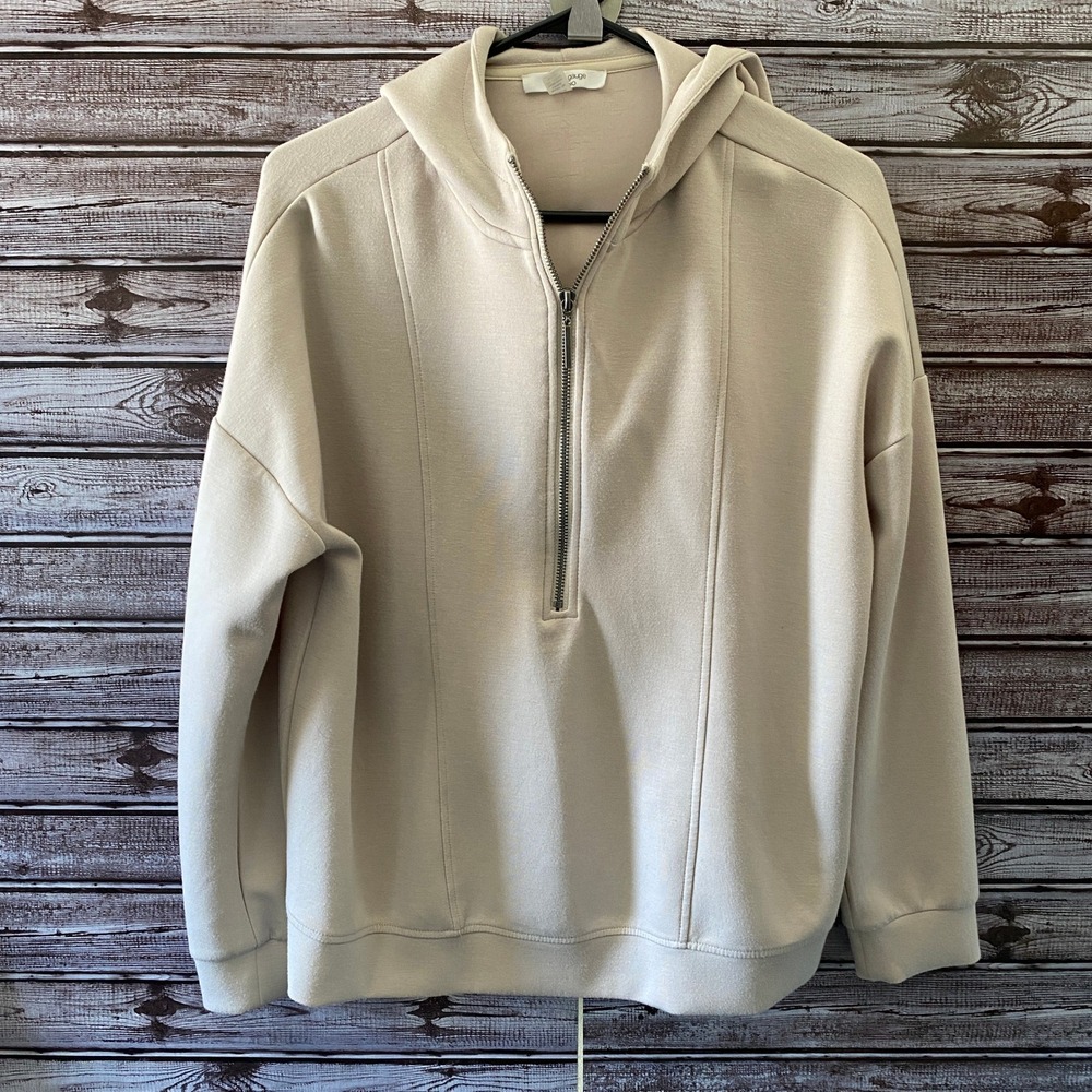 Cable & Gauge Women's 1/4-Zip Long-Sleeved Hooded Top Size L Light Stone